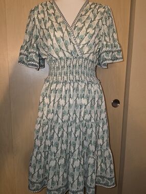 MAX STUDIO Green Floral Flutter Sleeve Smocked Tiered Dress